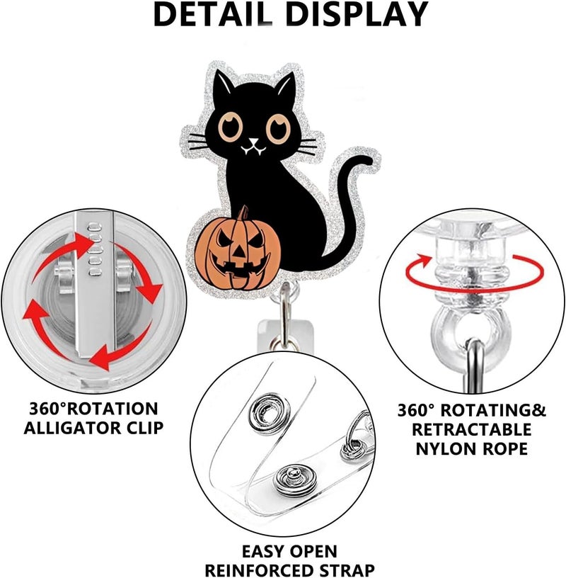 NSSHEL Halloween Badge Reels Retractable ID Name Badge Holder Cute Black Cat with Pumpkin Acrylic Badge Clip with Alligator Clip for Nurses Doctors Office Worker Social Worker Student Supplies - Image 3